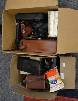 Lot 1063 - Various cameras including Pentax MV, Kodak Brownies, folding cameras and others (two boxes)