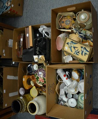 Lot 1076 - Four boxes including photographic equipment, sewing set, ceramics, cuckoo clock etc