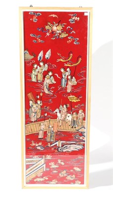 Lot 156 - A Chinese Red Ground Embroidered Panel, 19th century, worked in coloured threads with...