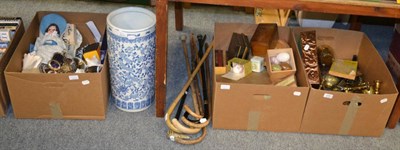 Lot 1087 - Three boxes of miscellaneous items including, brass, silver plated flatware, walking sticks,...