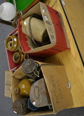 Lot 1098 - A group of stoneware storage jars, brass jam pan, a pair of carriage lamps, ship's lantern, oil...