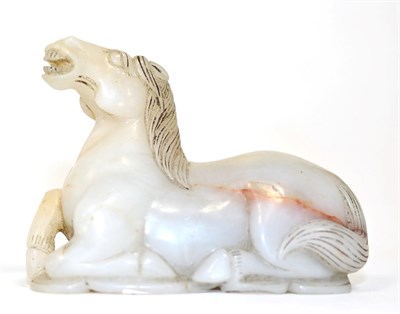 Lot 158 - A Chinese Jade Figure of a Horse, in 18th century style, naturalistically modelled recumbent,...