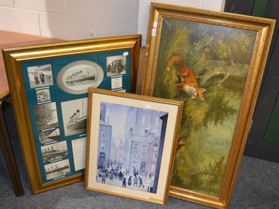 Lot 1100 - A modern oil on canvas study of fox and cubs, gilt framed wall mirror, RMS Titanic montage and...