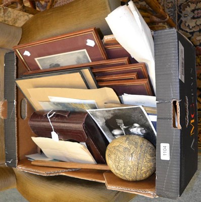 Lot 1104 - Box including silver photograph frame, watercolour drawings, engravings, reproduction scrimshaw...