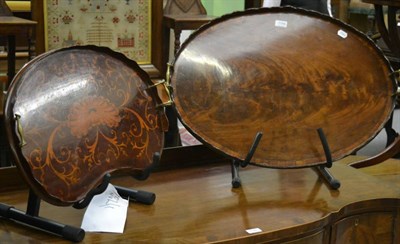 Lot 1194 - Large Edwardian oval mahogany tray and inlaid kidney shaped tray (a.f.)