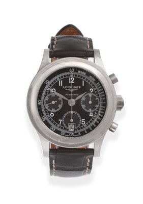 Lot 176 - A Stainless Steel Automatic Calendar Chronograph Wristwatch, signed Longines, model: Heritage 1942