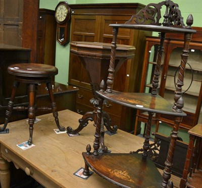 Lot 1217 - A walnut wall shelf, Victorian corner whatnot and a revolving stool