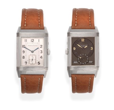 Lot 180 - A Stainless Steel Duo Dial Reverso Wristwatch with 24-hour Indication, signed Jaeger LeCoultre,...