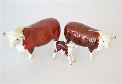 Lot 75 - Beswick Cattle comprising: Hereford Bull, model No. 1363A, Hereford Cow, model No. 1360,...