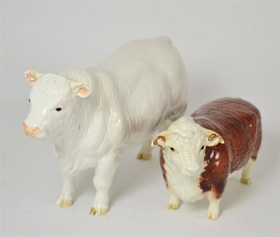 Lot 87 - Beswick Hereford Bull, model No. 1363A, gloss; together with Isle of Man Shebeg Charolais Bull...