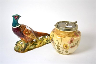 Lot 110 - Doulton Lambeth biscuit barrel with plated mounts and a Beswick pottery pheasant