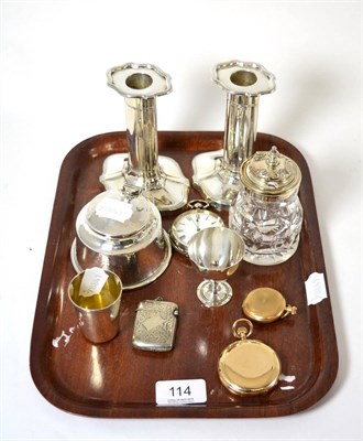 Lot 114 - Silverware including a pair of candlesticks, inkwell (liner a.f.), beaker, vesta case, pocket...
