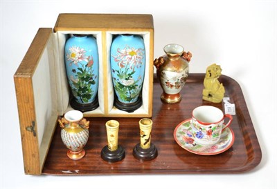 Lot 118 - A pair of Japanese cloisonne vases, original box, two Kutani vases, soapstone figure, a pair of...