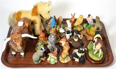 Lot 119 - A collection of small Border Fine Art and similar resin animals, two Steiff toys and a pottery...