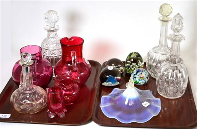Lot 120 - Two trays of glassware including cranberry smoke shade, Caithness paperweights, decanters etc