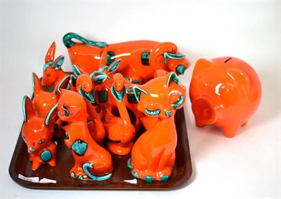 Lot 146 - Trentham art ware including a piggy bank, large cat, small cat, bull, four swans, two...