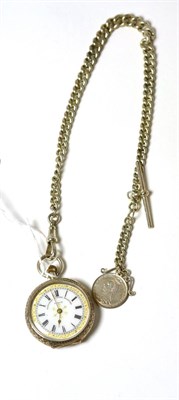 Lot 189 - A Continental silver lady's fob watch together with a silver watch chain and ";T"; bar