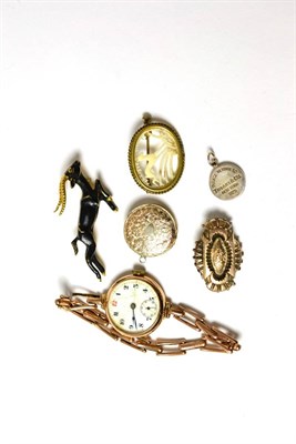 Lot 209 - A lady's 9ct watch, Tiffany silver pendant, three brooches and a locket