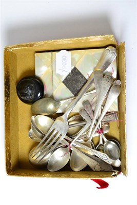 Lot 211 - Mother-of-pearl card case, silver cutlery and brooch