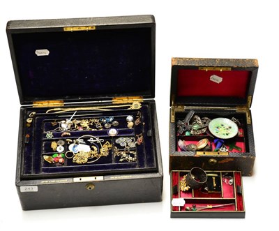 Lot 243 - A group of costume jewellery in two leather jewellery boxes, one stamped Asprey & Son