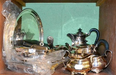 Lot 249 - A shelf of silver plate including a tea set, platters, entrée dishes, etc