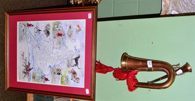 Lot 265 - A framed limited edition map of British hunts, copper hunting horn and brass and copper bugle