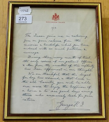 Lot 273 - A letter from King George VI to a returning Prisoner of War