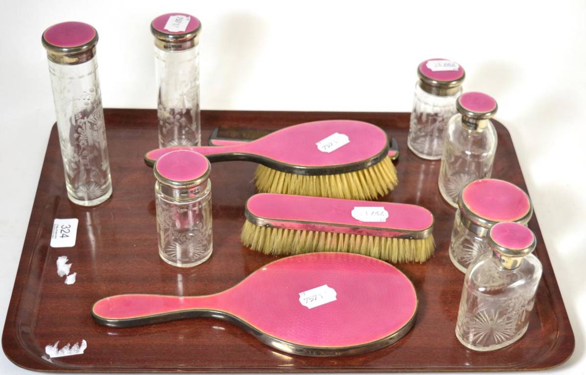 Lot 324 - A silver and pink enamel dressing table set (eleven pieces)