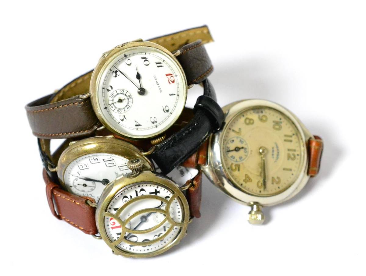 Lot 447 - Four enamel dialled wristwatches, singed Tho Russell, Tiffany & Co, Waltham and Ingersoll