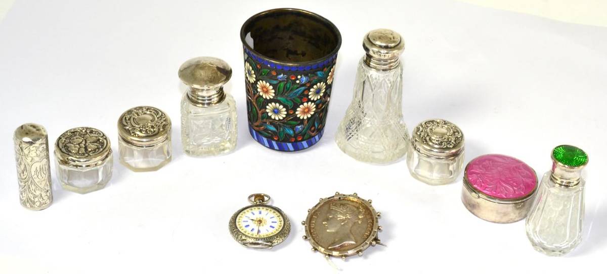 Lot 483 - A Queen Victoria India General Service medal in a jewellery mount, a Russian enamelled beaker,...