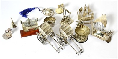 Lot 582 - A collection of silver and white metal miniature objects, including two rickshaws