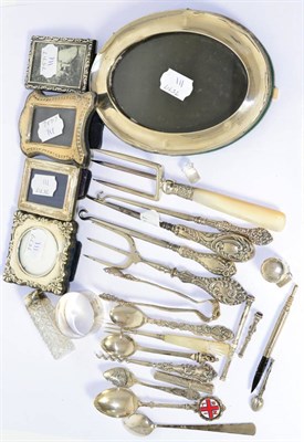 Lot 587 - Assorted silver flatware, button hooks, spoons and frames etc