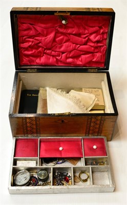 Lot 594 - An inlaid jewellery box and miscellaneous contents