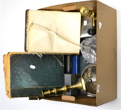 Lot 603 - Quantity of brass and plate, including candlesticks together with a book of cartoons and six...