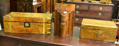 Lot 614 - A George III string inlaid serpentine fronted mahogany knife box with fitted interior, together...