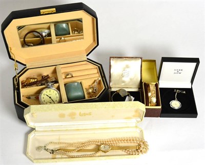 Lot 625 - A silver pendant on chain, assorted wristwatches and fob watches, simulated pearls, brooches etc