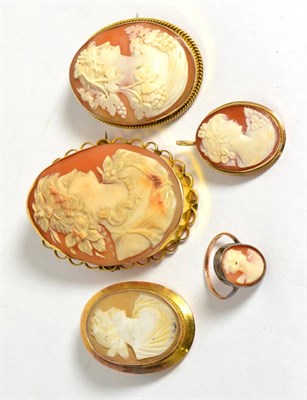 Lot 632 - Four gold mounted cameos and a cameo ring