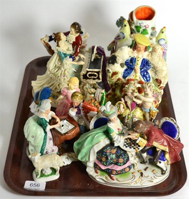 Lot 656 - A group of 19th century and later Continental and Staffordshire figures and figure groups