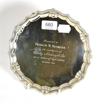 Lot 660 - A small silver presentation waiter bearing the inscription ";Presented to Francis Bearder";,...