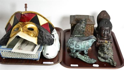 Lot 671 - A quantity of modern Oriental decorative items including pottery Buddha busts, patinated metal...
