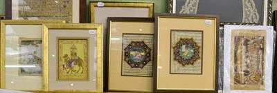 Lot 1290 - Pair of Indian illuminated watercolours with script, another, unframed watercolour and another...