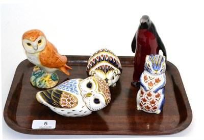 Lot 5 - Three Royal Crown Derby paperweights ";Hedgehog";, ";Owl";, ";Beaver";, Beswick owl and a Royal...