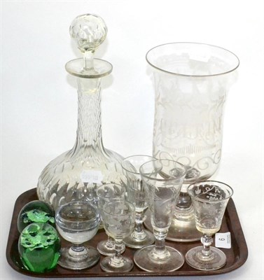 Lot 6 - A glass celery vase, six small glasses, a glass decanter and a pair of Victorian paperweights