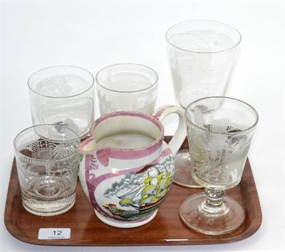 Lot 12 - Four glasses etched with the Sunderland bridge, a similar tumbler and a Sunderland lustre jug
