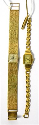 Lot 49 - A lady's 9ct gold wristwatch with a bark finished bracelet and another lady's wristwatch, case...