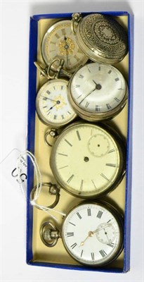 Lot 50 - Two silver pocket watches, three fob watches stamped 0.935 and 0.800 and a silver verge pocket...