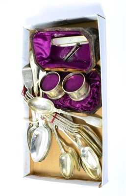 Lot 51 - A cased pair of silver napkin rings, silver fruit knife, silver brooch, silver teaspoons,...