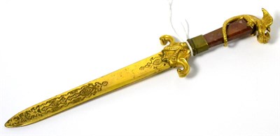 Lot 52 - A late 19th century French gilt metal and hardstone paper knife with dragon pommel