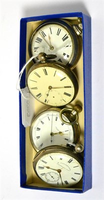 Lot 66 - A silver pair cased pocket watch, two silver open faced pocket watches and a silver chronograph...