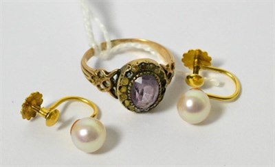 Lot 69 - Pearl and gold studs, together with an amethyst and seed pearl ring
